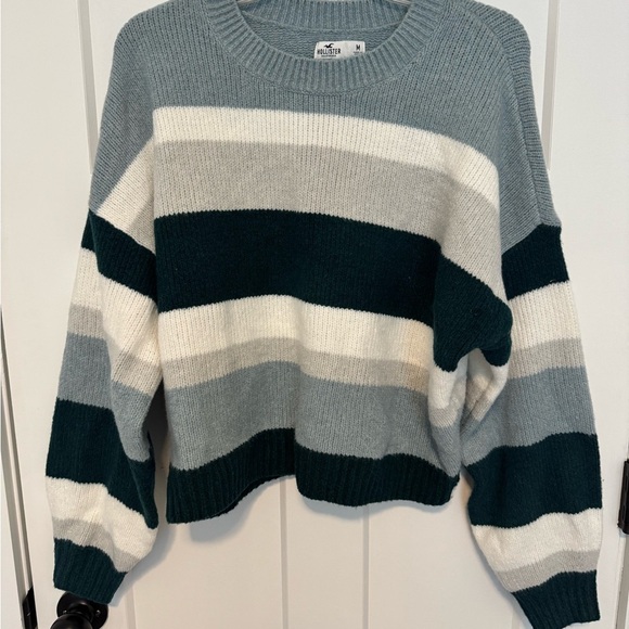 Hollister Women's Striped Sweater - Green, Gray, and White - Picture 1 of 4
